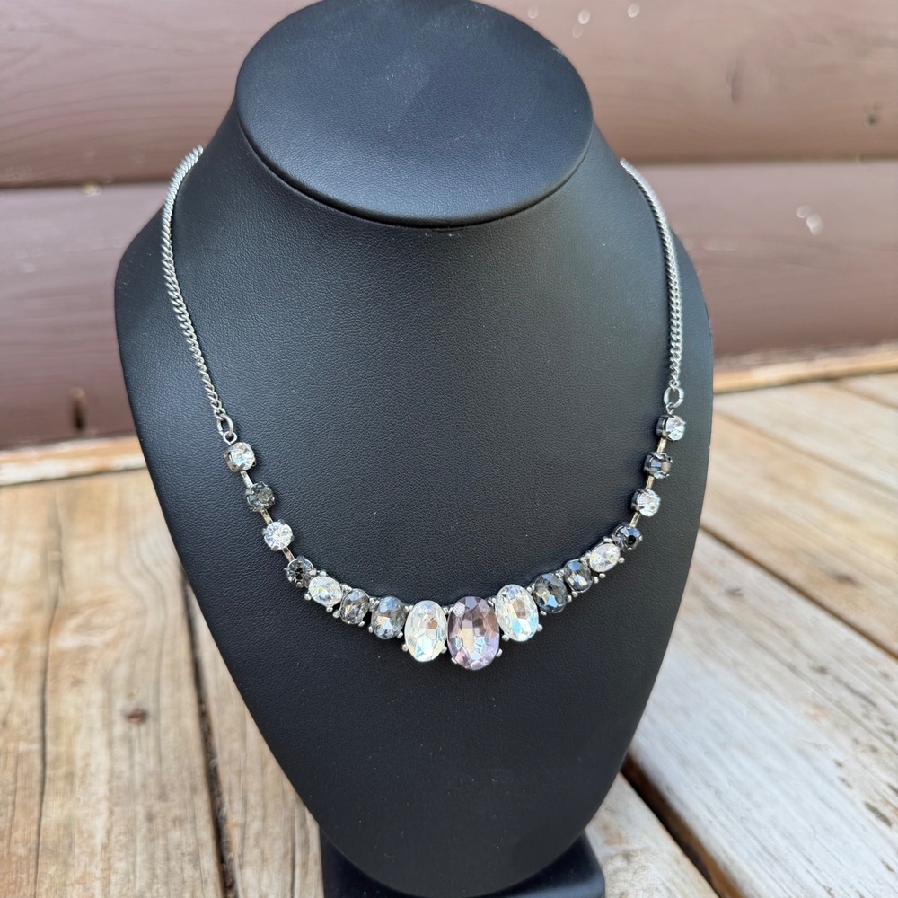 LOFT Statement Necklace Women Silver Tone Multi-Color Crystal Bib 16.5"